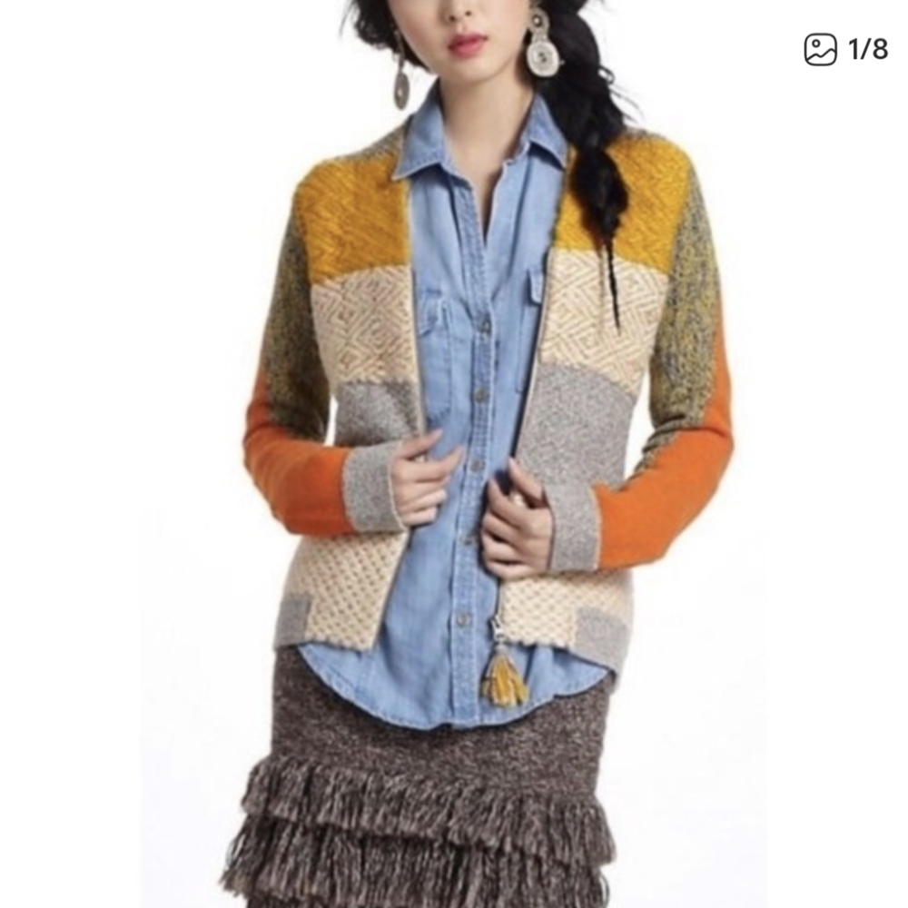 Anthropologie Colorblock Knit Cardigan in Mustard, Orange, Cream, Gray